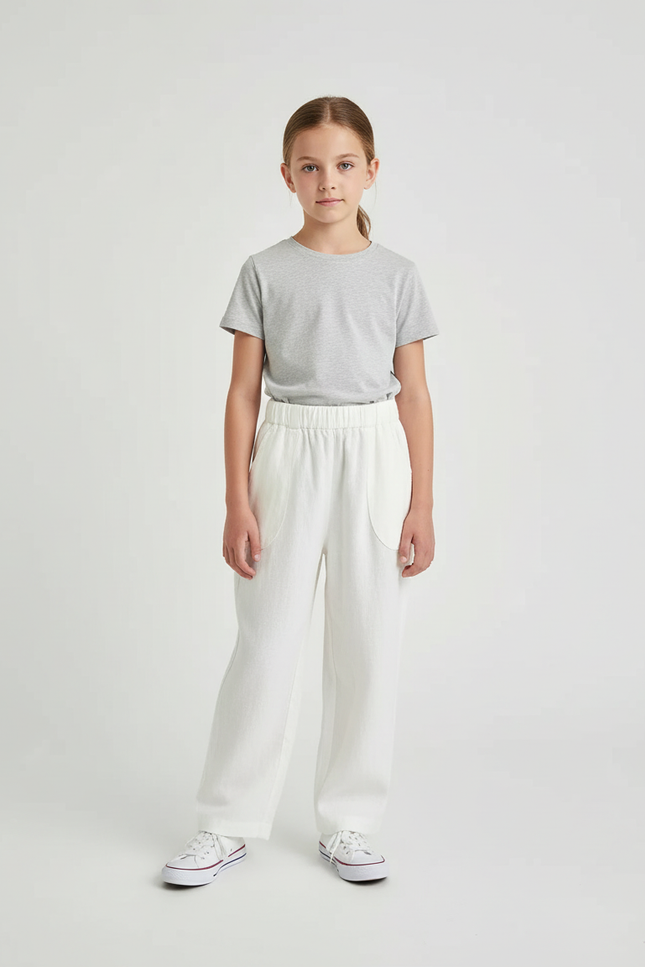 Pantalon Blanc Coton Lin Ample Décontracté Enfant