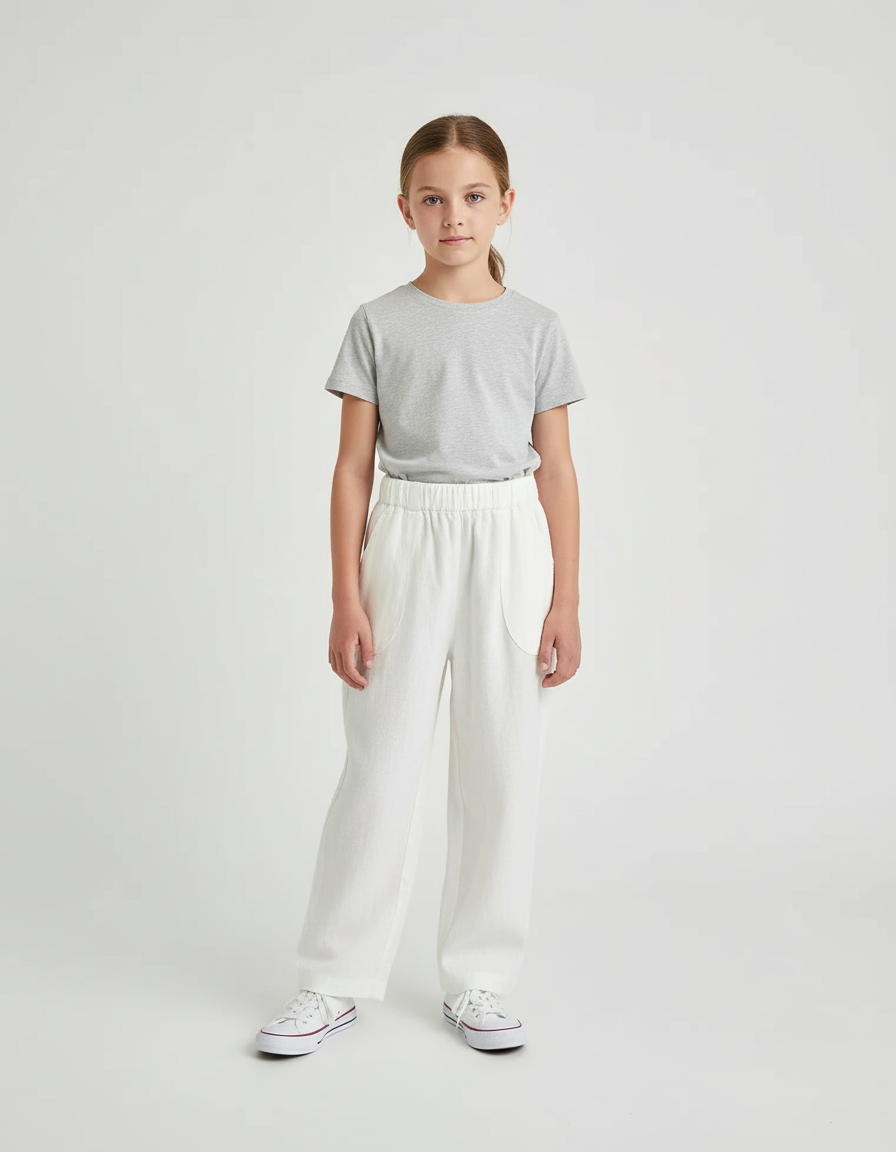 Pantalon Blanc Coton Lin Ample Décontracté Enfant
