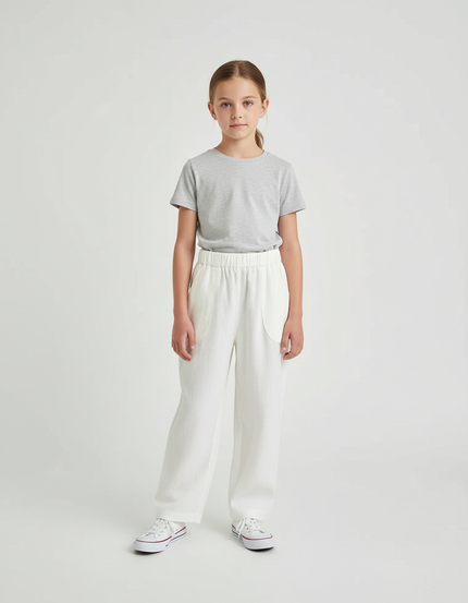 Pantalon Blanc Coton Lin Ample Décontracté Enfant