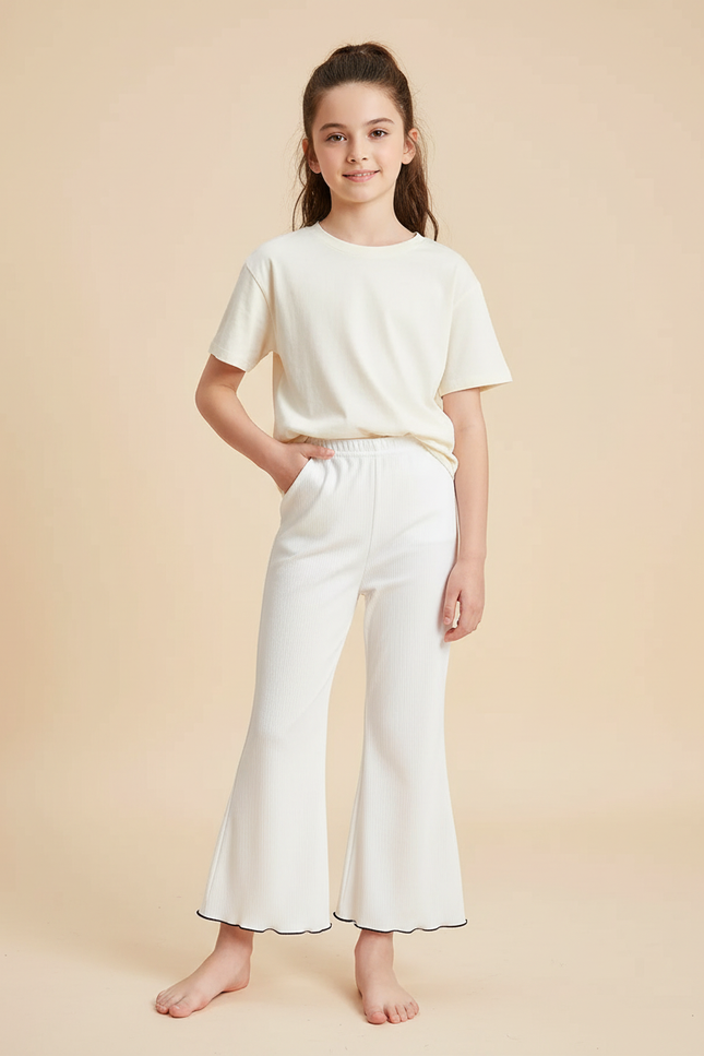 Pantalon Blanc Côtelé Élastique Évasé Fille - Cordé