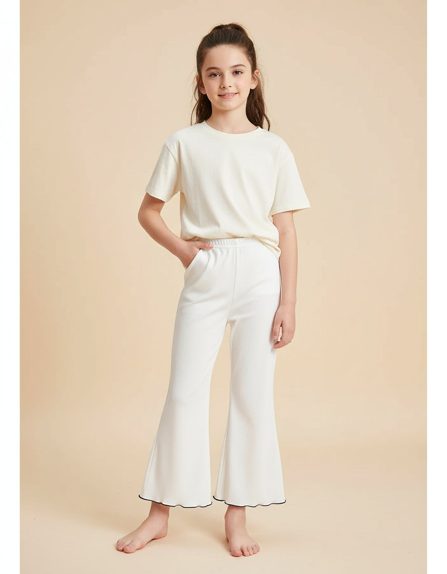 Pantalon Blanc Côtelé Élastique Évasé Fille - Cordé