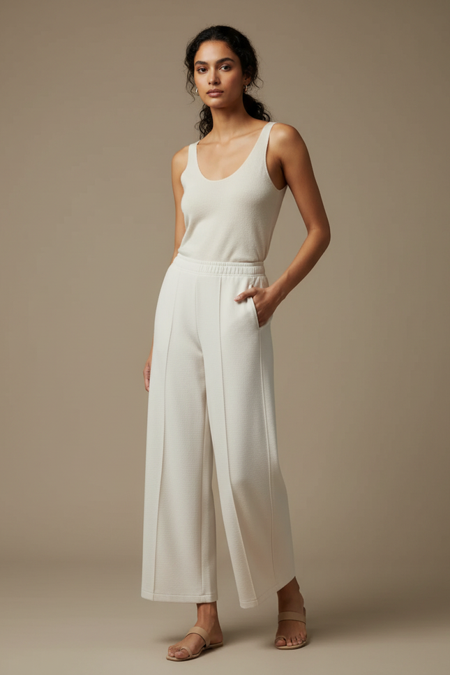 Pantalon Blanc Ample Texturé Décontracté Femme - Maille
