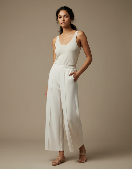 Pantalon Blanc Ample Texturé Décontracté Femme - Maille