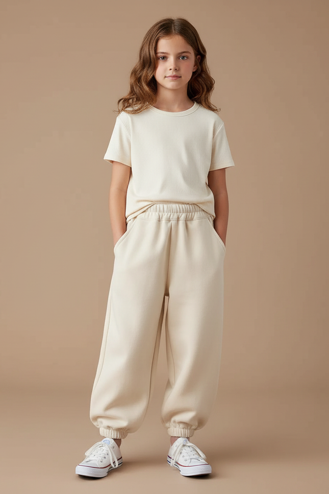 Pantalon Blanc Molletonné Ample Fille Décontracté - Beige