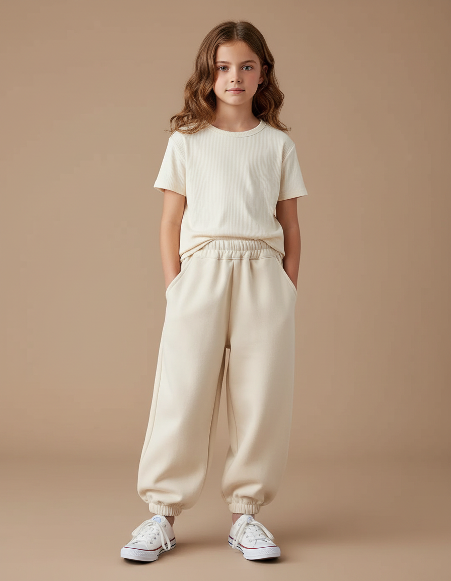 Pantalon Blanc Molletonné Ample Fille Décontracté - Beige