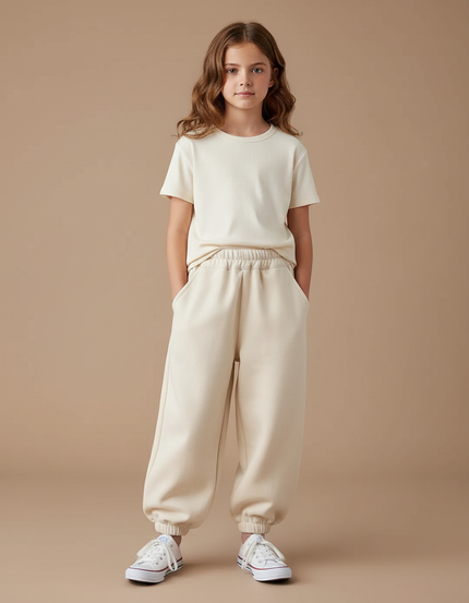 Pantalon Blanc Molletonné Ample Fille Décontracté - Beige