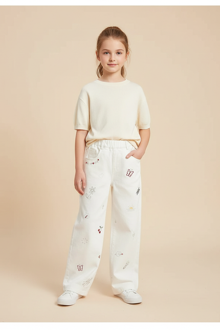 Pantalon Blanc Brodé Ample Décontracté Enfant Fille - Jean