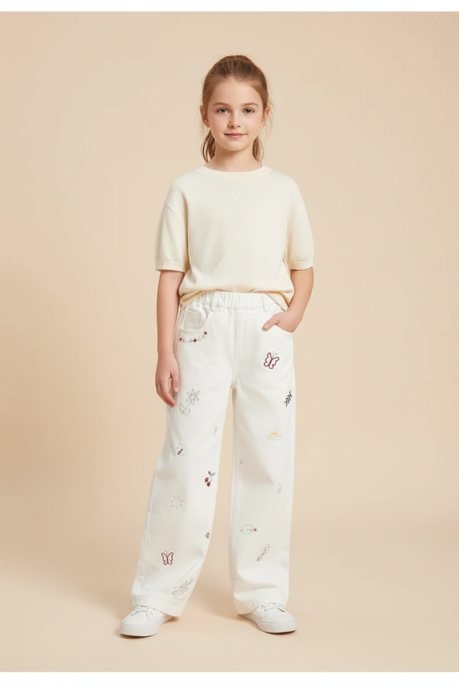 Pantalon Blanc Brodé Ample Décontracté Enfant Fille - Jean
