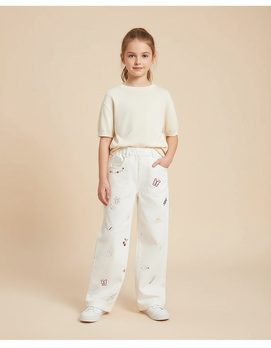 Pantalon Blanc Brodé Ample Décontracté Enfant Fille - Jean