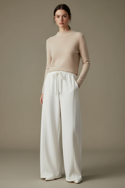Pantalon Blanc Ample Fluide Taille Haute Cordon - Maille