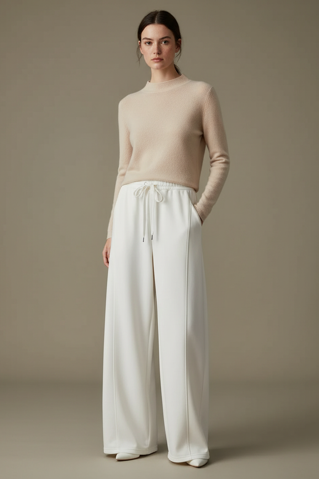 Pantalon Blanc Ample Fluide Taille Haute Cordon - Maille