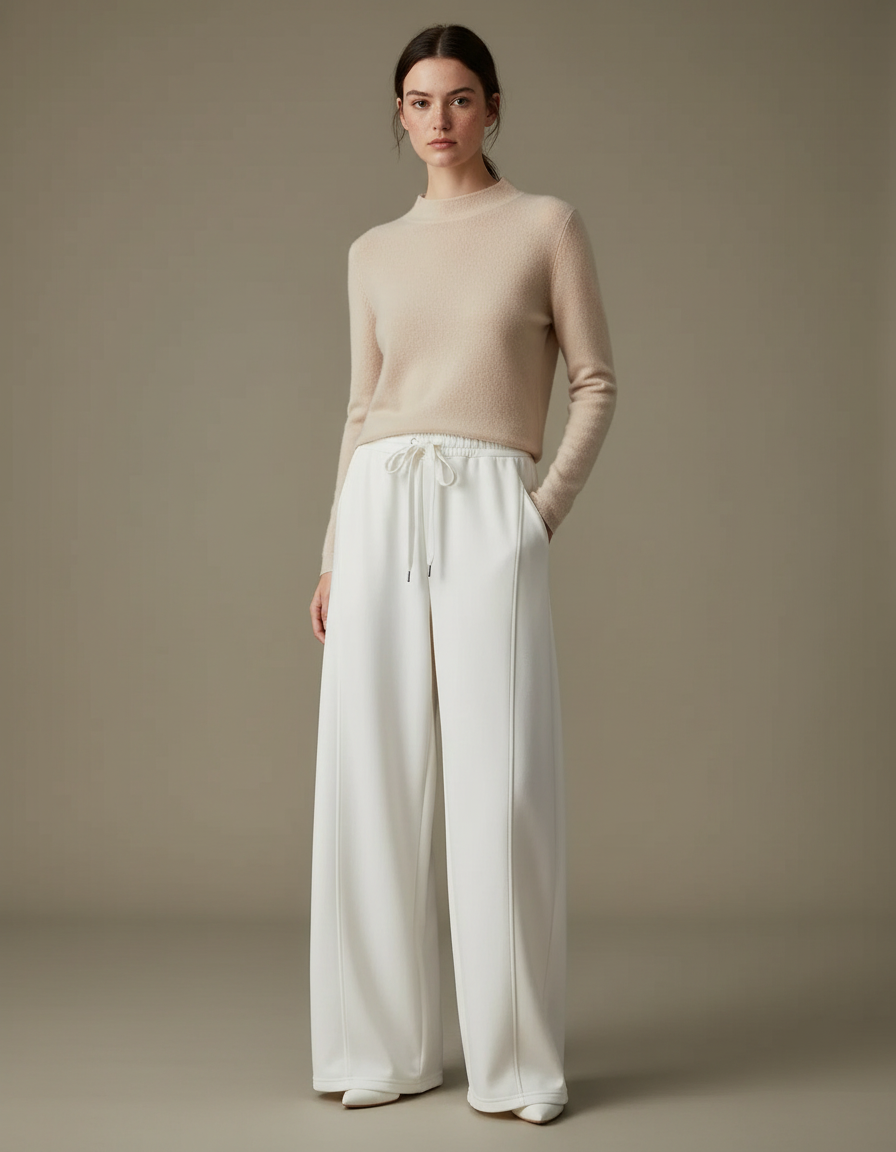 Pantalon Blanc Ample Fluide Taille Haute Cordon - Maille