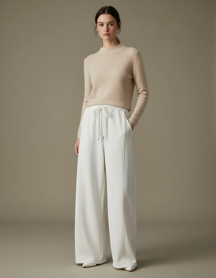 Pantalon Blanc Ample Fluide Taille Haute Cordon - Maille