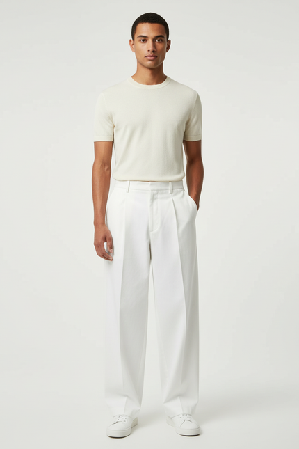 Pantalon Blanc Homme Ample Plissé Décontracté Coton