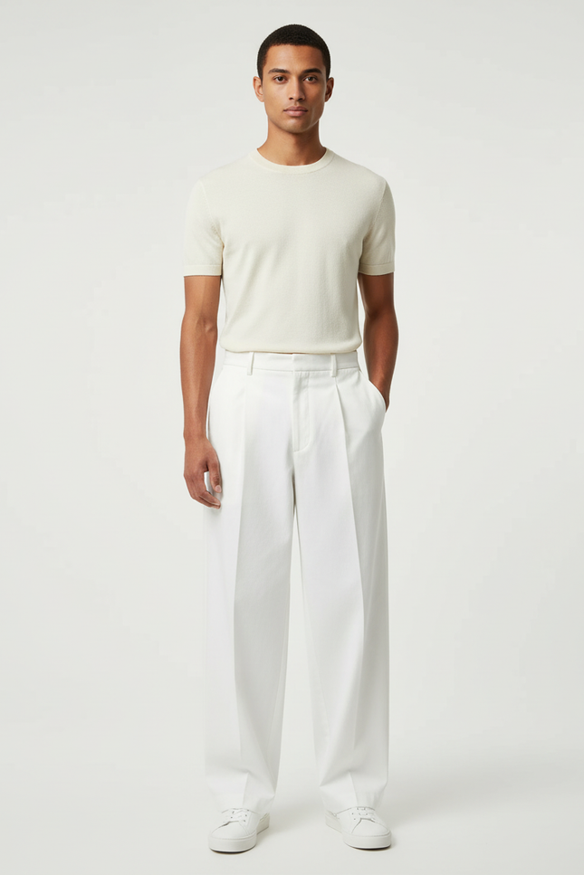 Pantalon Blanc Homme Ample Plissé Décontracté Coton