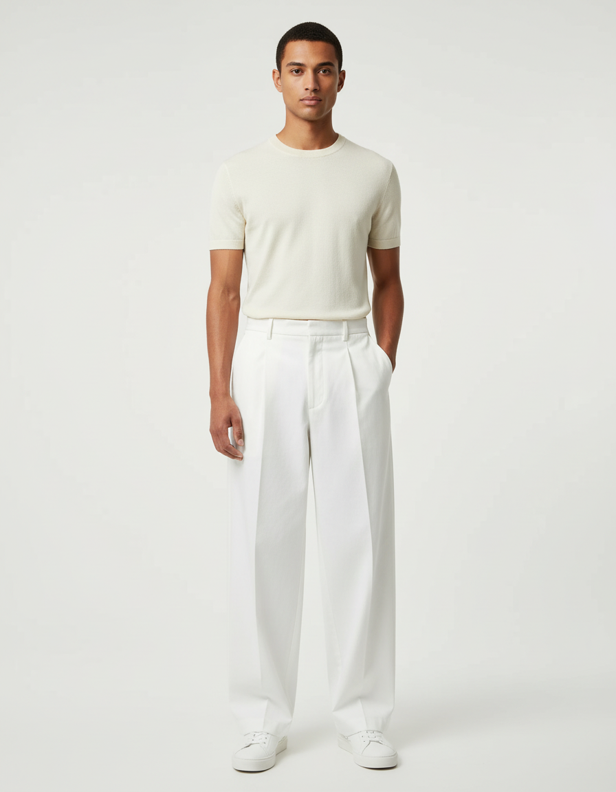 Pantalon Blanc Homme Ample Plissé Décontracté Coton