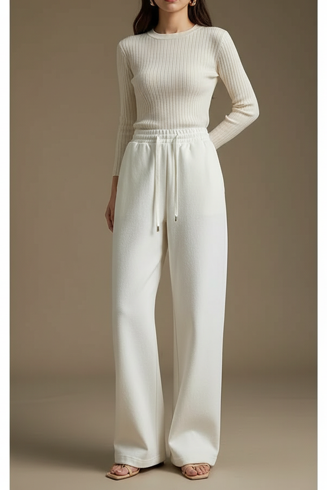 Pantalon Blanc Ample Molletonné Cordon Décontracté