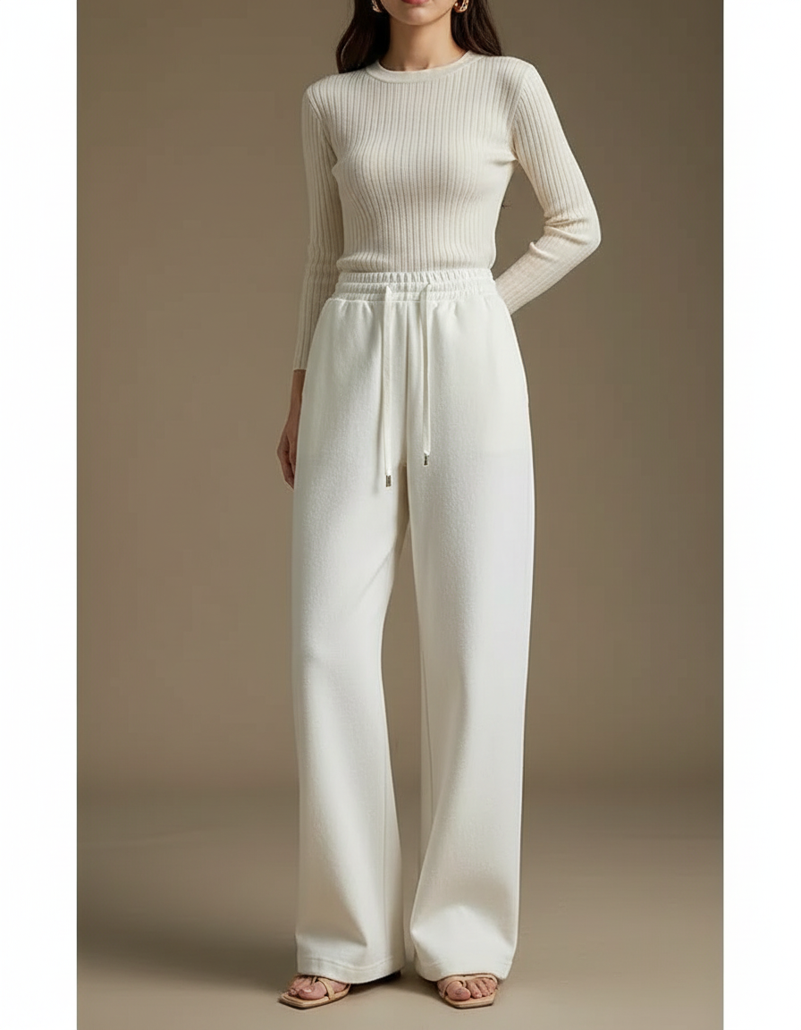 Pantalon Blanc Ample Molletonné Cordon Décontracté