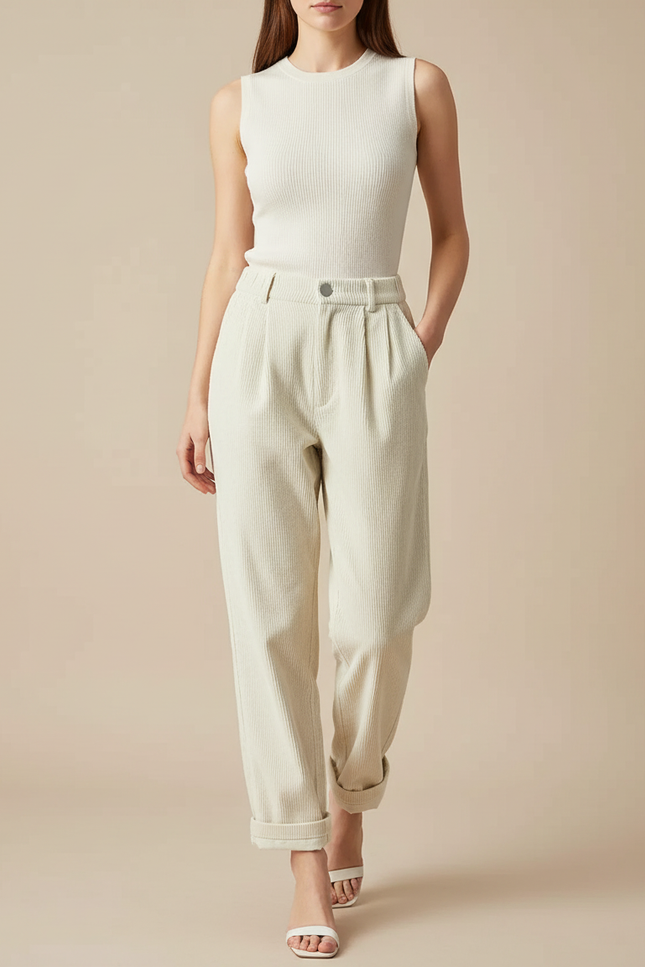 Pantalon Blanc Côtelé Taille Haute Plissé Femme - Beige Cordé