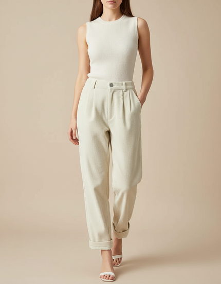 Pantalon Blanc Côtelé Taille Haute Plissé Femme - Beige Cordé