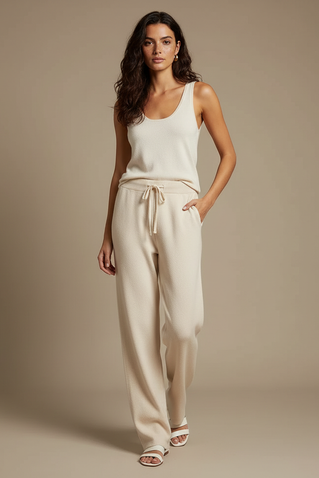 Pantalon Blanc Tricoté Ample Décontracté Femme Fluide - Beige Maille