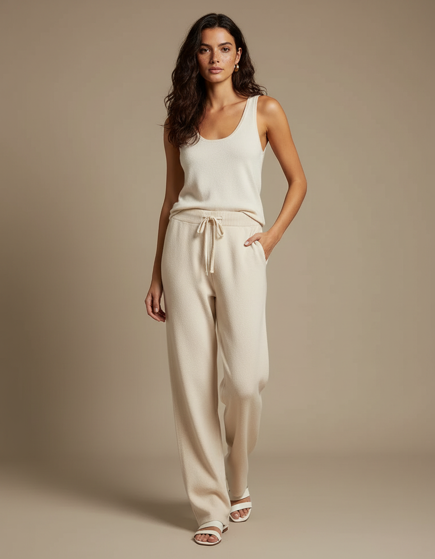 Pantalon Blanc Tricoté Ample Décontracté Femme Fluide - Beige Maille