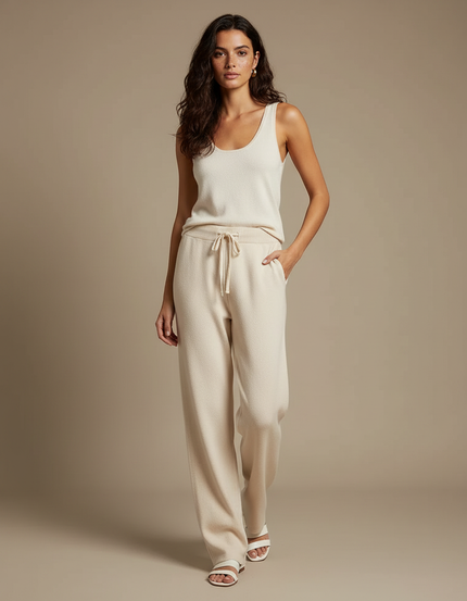 Pantalon Blanc Tricoté Ample Décontracté Femme Fluide - Beige Maille