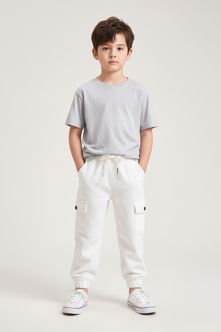 Pantalon Blanc Côtelé Cargo Décontracté Enfant Garçon - Cordé