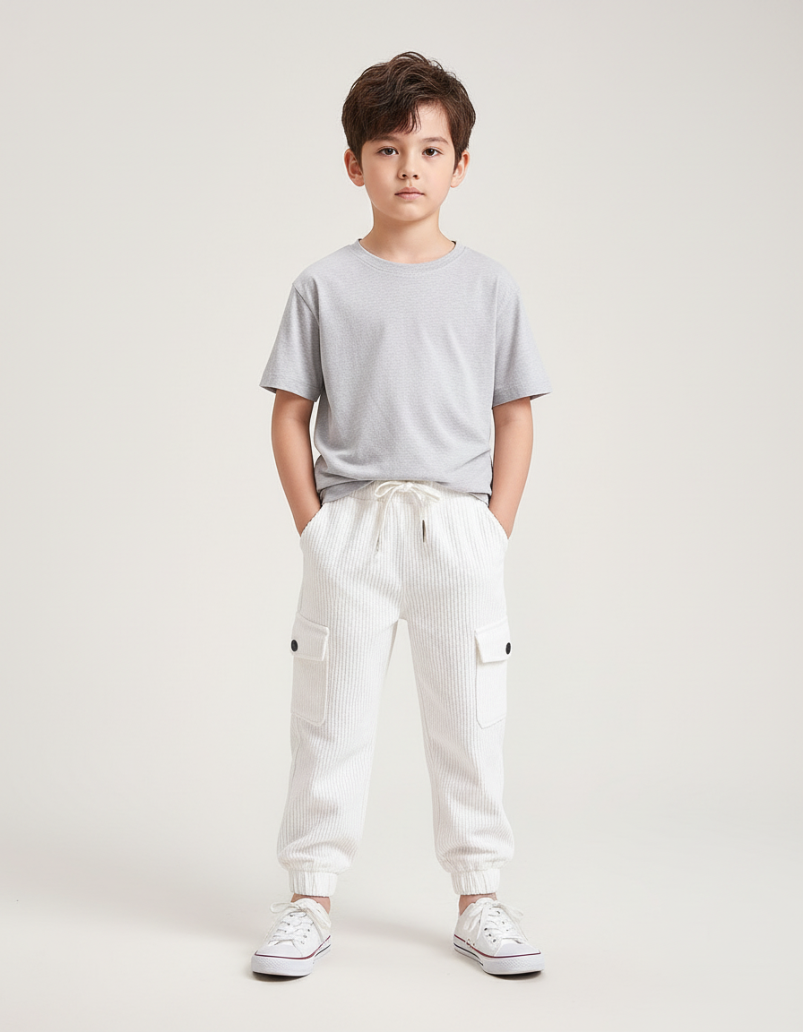 Pantalon Blanc Côtelé Cargo Décontracté Enfant Garçon - Cordé
