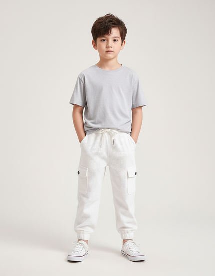 Pantalon Blanc Côtelé Cargo Décontracté Enfant Garçon - Cordé