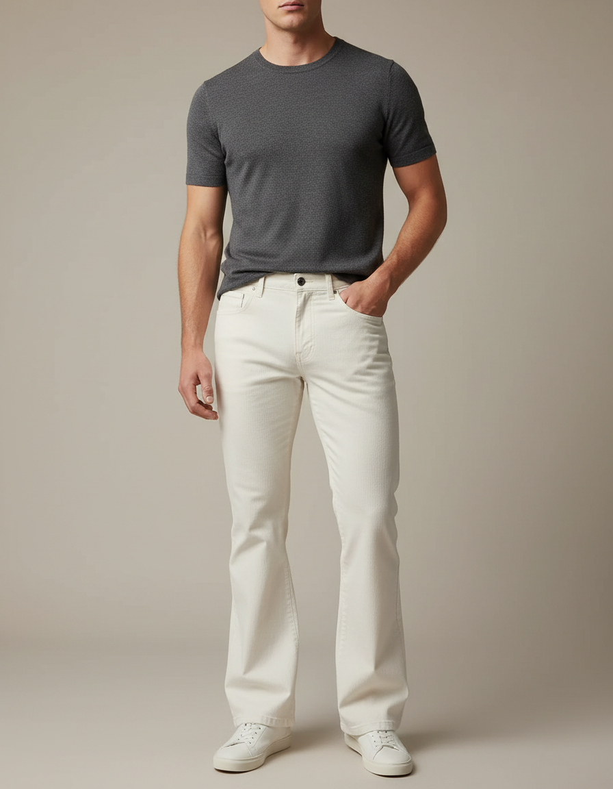 Pantalon Blanc Évasé Côtelé Décontracté Homme - Cordé