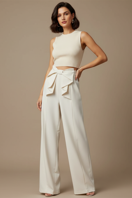 Pantalon Blanc Ample Fluide Nœud Élégant Femme - Beige Polyester