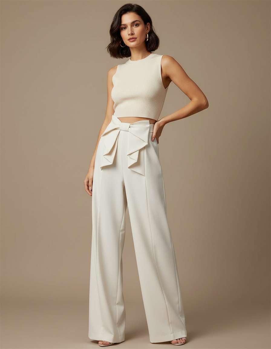 Pantalon Blanc Ample Fluide Nœud Élégant Femme - Beige Polyester