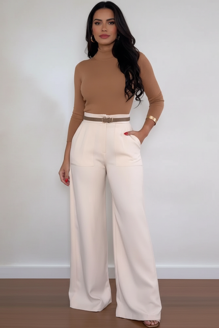 Pantalon Blanc Large Élégant Taille Haute Fluide - Polyester