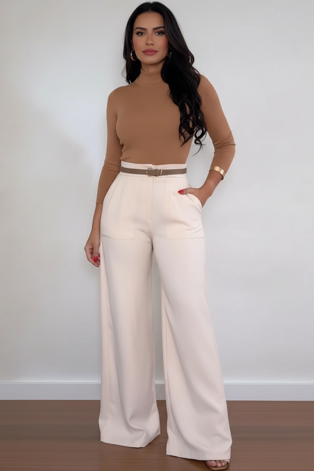 Pantalon Blanc Large Élégant Taille Haute Fluide - Polyester
