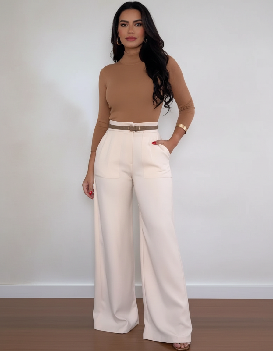 Pantalon Blanc Large Élégant Taille Haute Fluide - Polyester