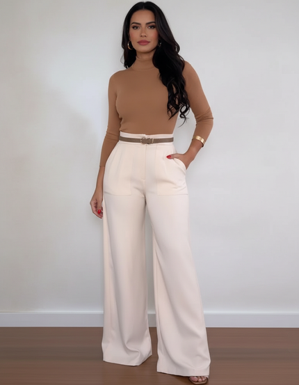 Pantalon Blanc Large Élégant Taille Haute Fluide - Polyester