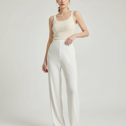 Pantalon Blanc Côtelé Droit Ample Élégant Femme - Maille