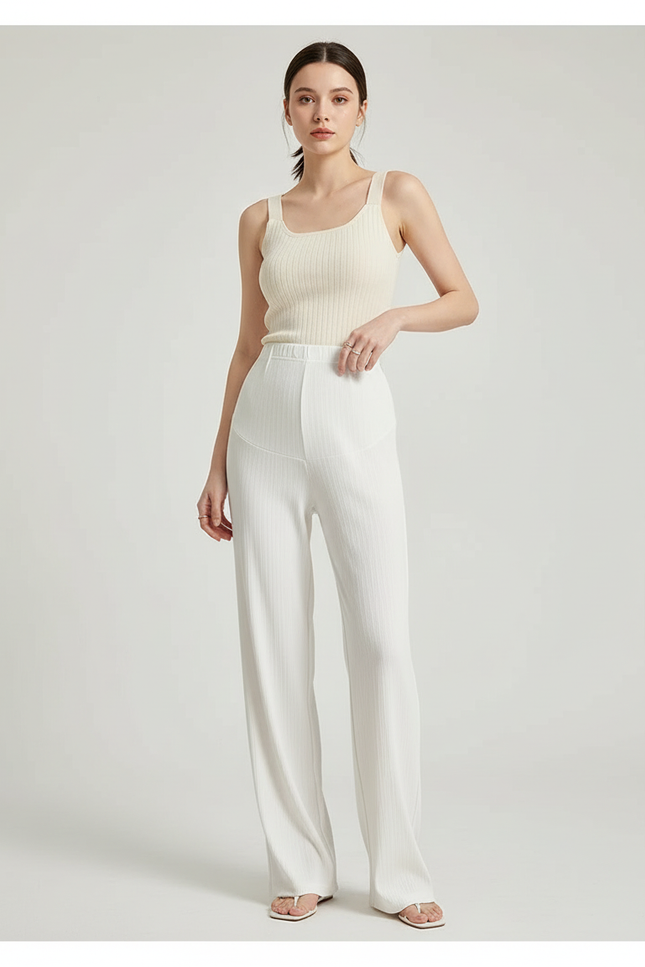 Pantalon Blanc Côtelé Droit Ample Élégant Femme - Maille