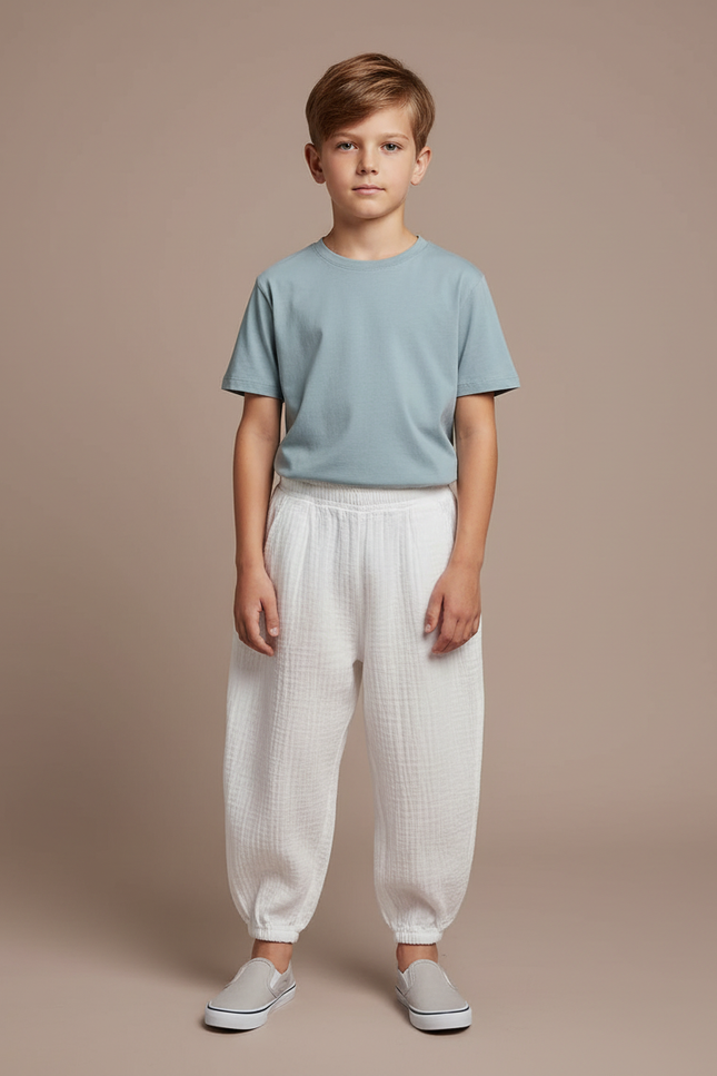 Pantalon Blanc Gaze Coton Ample Décontracté Enfant