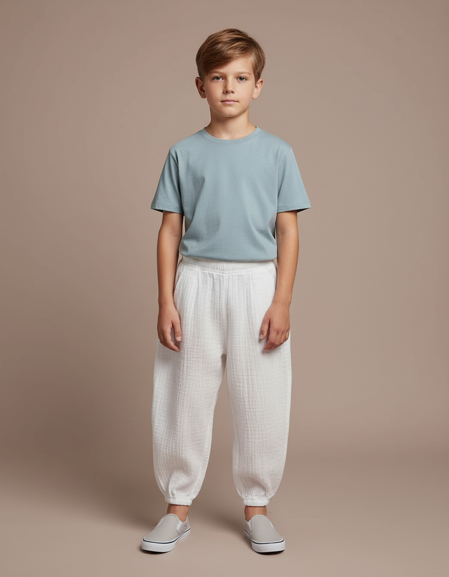 Pantalon Blanc Gaze Coton Ample Décontracté Enfant
