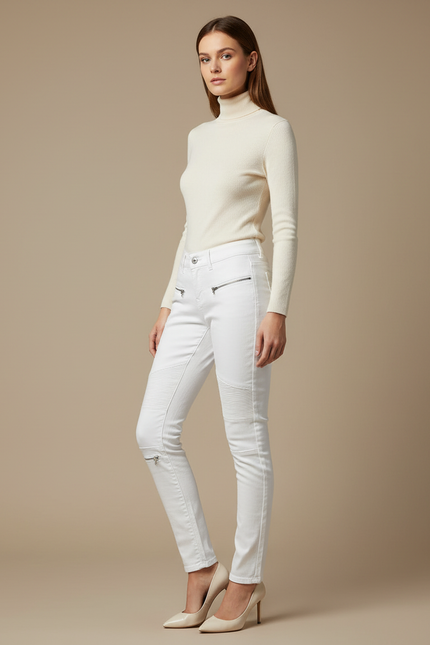 Pantalon Blanc Slim Moto Zippé Femme Stretch - Jean