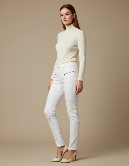 Pantalon Blanc Slim Moto Zippé Femme Stretch - Jean
