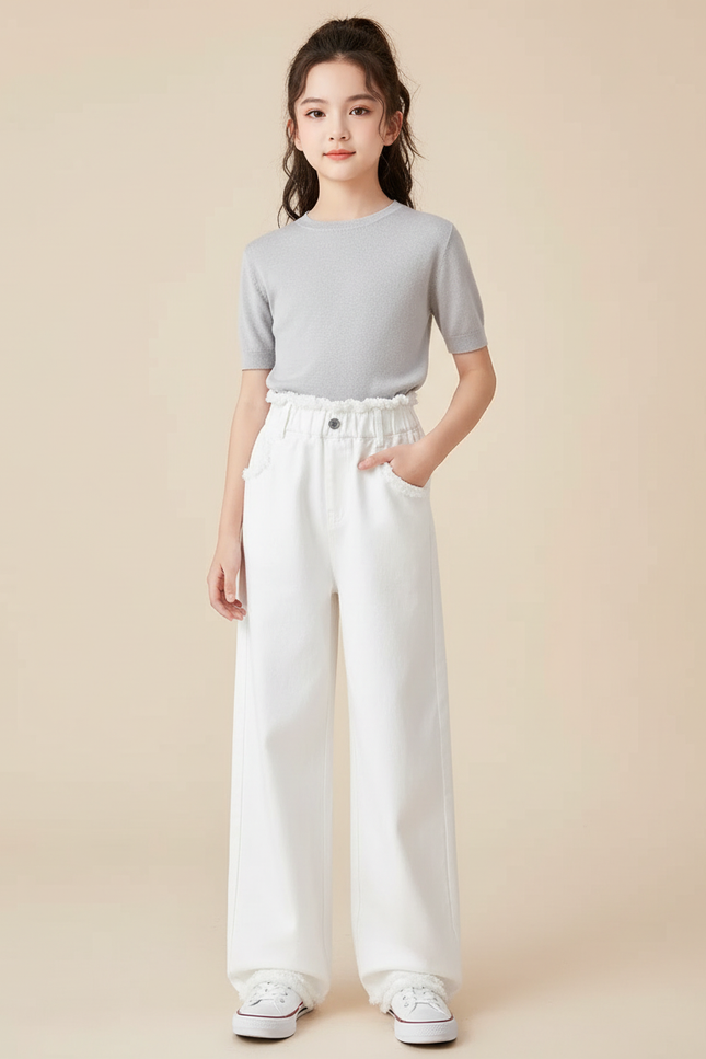 Pantalon Blanc Ample Décontracté Taille Haute Fille - Jean