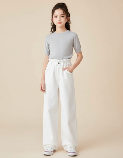 Pantalon Blanc Ample Décontracté Taille Haute Fille - Jean