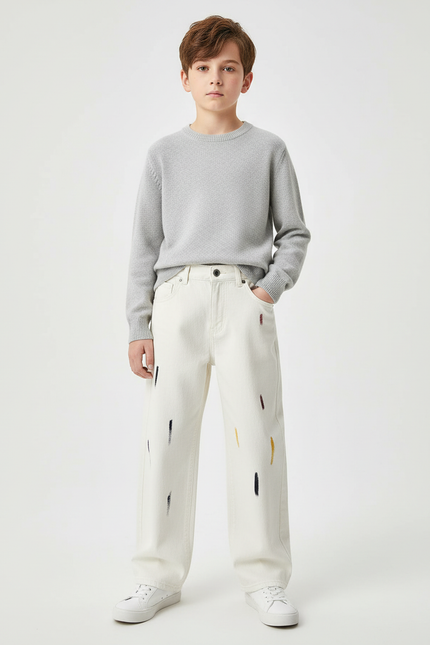 Pantalon Blanc Ample Coton Peint Garçon