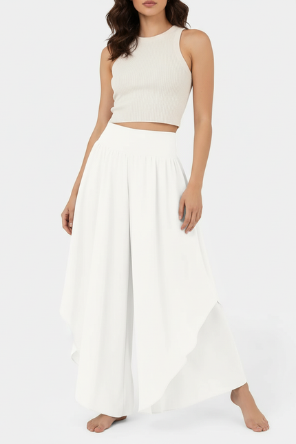 Pantalon Blanc Fluide Ample Taille Haute Irrégulier - Polyester