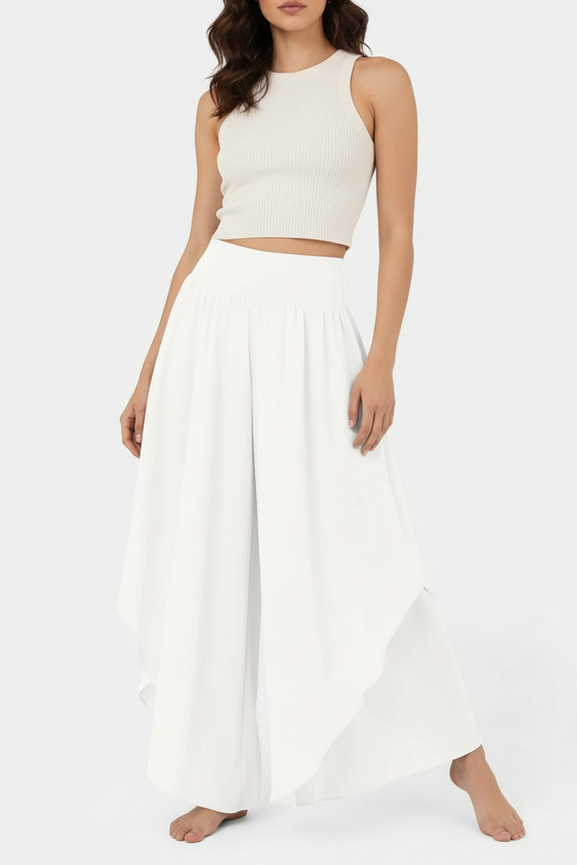 Pantalon Blanc Fluide Ample Taille Haute Irrégulier - Polyester