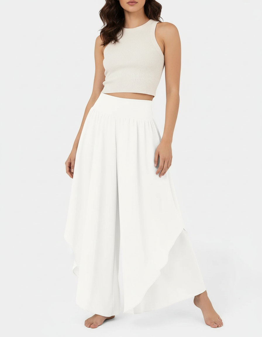 Pantalon Blanc Fluide Ample Taille Haute Irrégulier - Polyester
