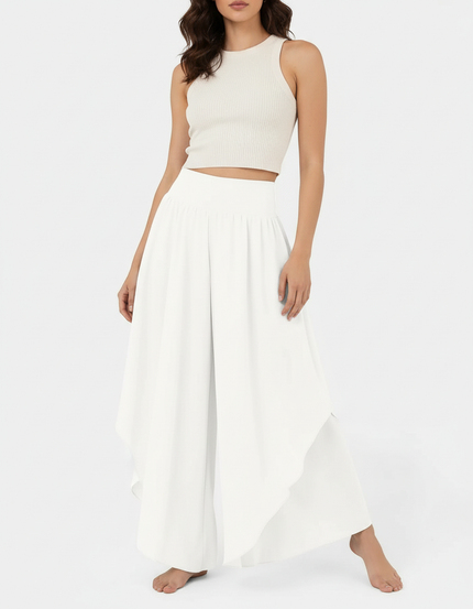 Pantalon Blanc Fluide Ample Taille Haute Irrégulier - Polyester